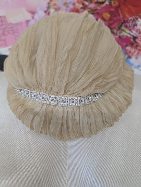 Vintage Accessories - Vintage Hat Cream Rhinestone Art Deco Bed Cap By John Frederic